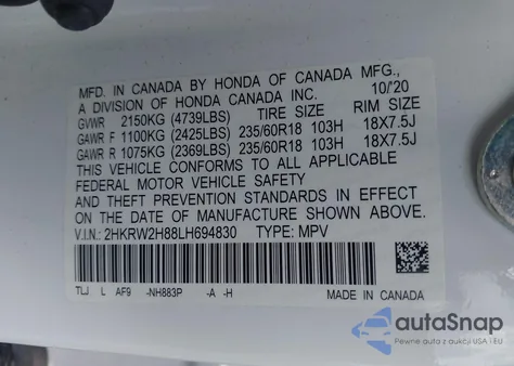 2020 Honda Cr-V Awd Ex-L from USA, damaged, VIN 2HKRW2H88LH694830